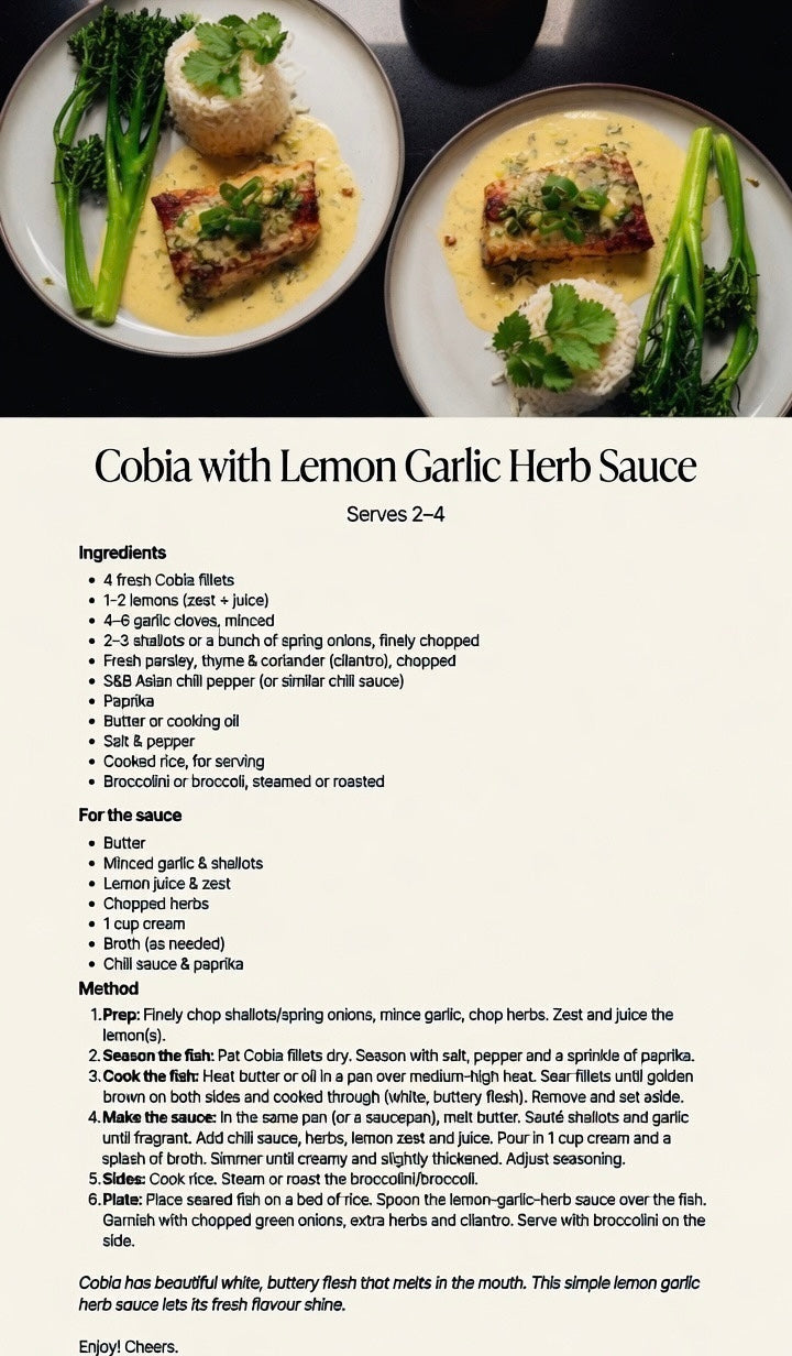 Cobia with Lemon Garic & Herb Sauce